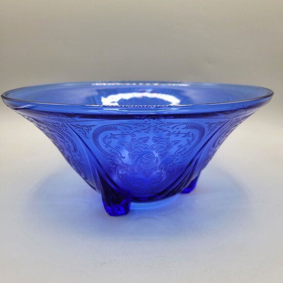 1930s Royal Lace Hazel Atlas Cobalt Blue Salad Bowl Three Toed Depression Era - Picture 4 of 7